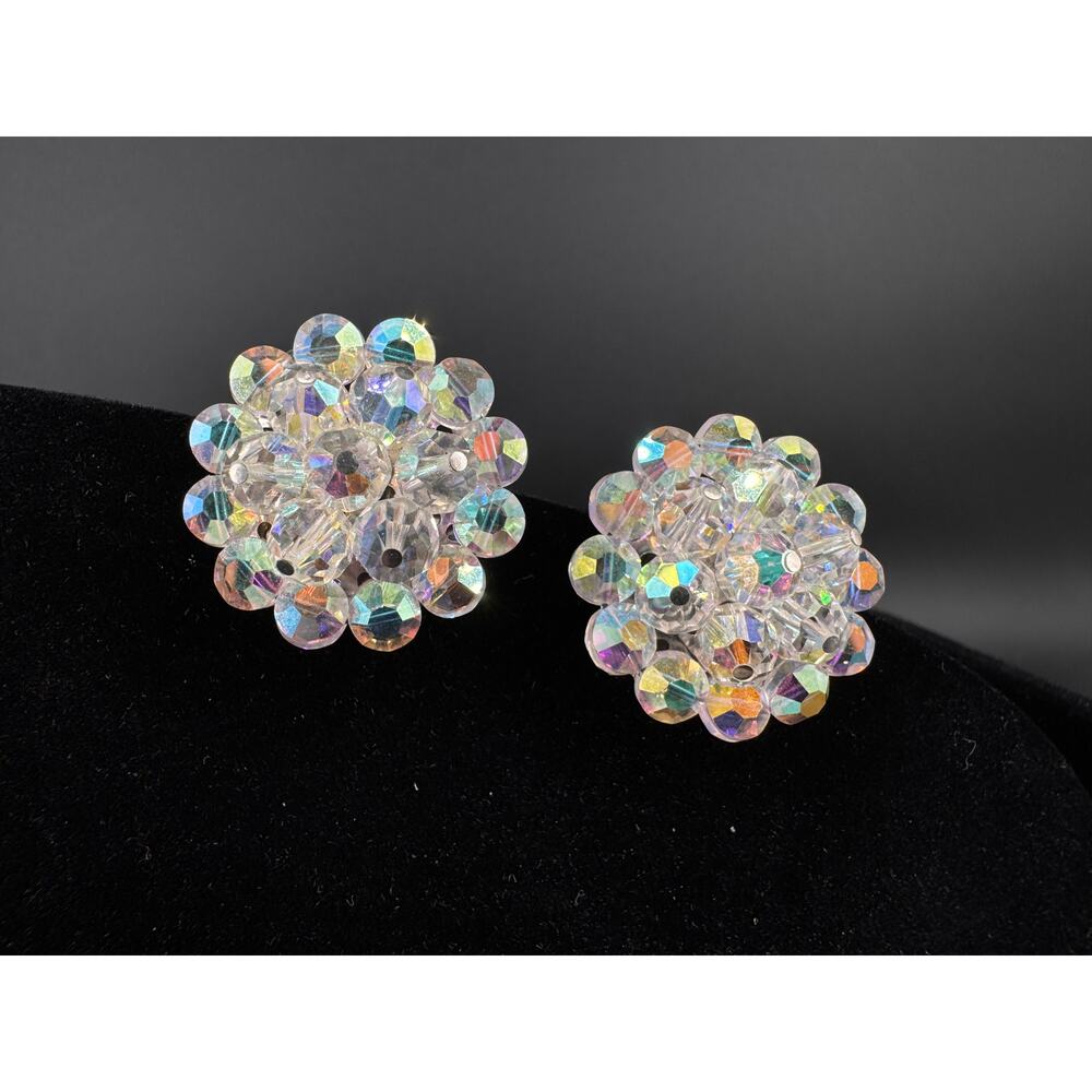 Vintage Aurora Borealis Crystal Clip On Earrings AB Glass Cluster Rhinestone